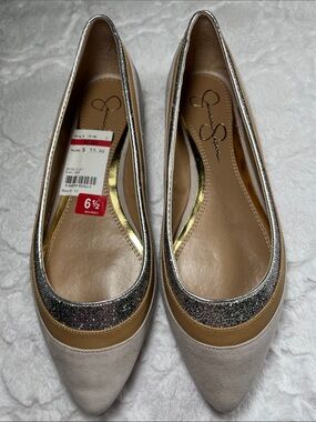 Jessica Simpson Taupe and Silver Pointed-Toe Flats with Glitter Accent